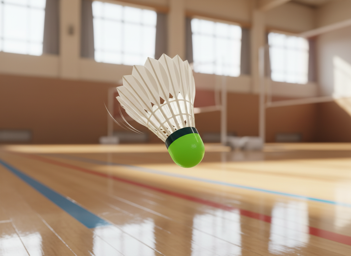 An anime-style close-up of a gleaming badminton shuttlecock frozen in mid-air above a glossy wooden gym floor. The shuttle’s white feathers are crisply detailed and slightly blurred at the tips to suggest motion, with a bright lime-green rubber base catching the light. In the background, colorful out-of-focus lines of the court and the soft shapes of net posts create depth without showing any people. Afternoon sunlight pours in from high windows, casting long diagonal highlights and playful reflections on the floor. The composition uses a low, almost floor-level angle and shallow depth of field, creating a dynamic, energetic yet clean and inviting mood that perfectly captures the spirit of a high school badminton club.