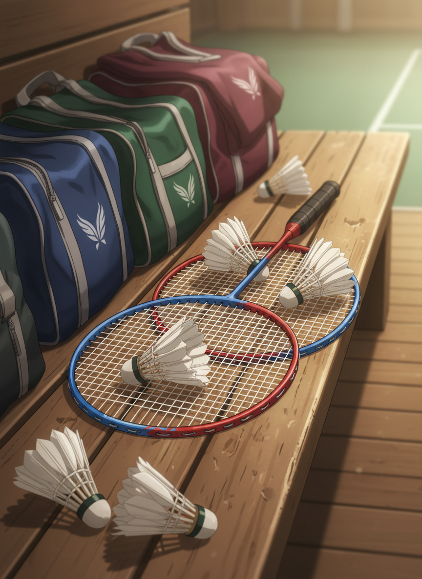An anime-style close-up of a pair of high school badminton rackets resting on a bench beside a court, their frames a mix of electric blue and vivid red with finely drawn string patterns. Between them lie several shuttlecocks, some pristine white and others slightly frayed, suggesting countless practices and tournaments. The rackets sit on a wooden bench with visible grain and scuff marks, surrounded by neatly placed gym bags and folded team jerseys, indicating camaraderie without any characters shown. Warm indoor lighting from overhead fixtures casts soft shadows and gentle highlights on the metal and synthetic grips. Shot at eye level with a subtle depth of field, the image feels nostalgic, energetic, and playful, perfectly representing the everyday life of the badminton club.