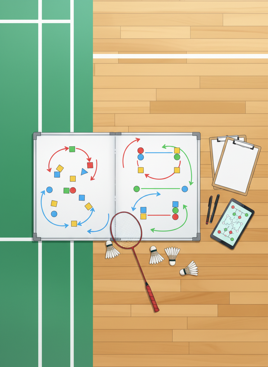 An anime-style overhead view of a strategy area beside a badminton court, where the team plans matches and reviews tactics without any people present. On the floor, a large white magnetic board lies open, showing simple colored shapes and arrows instead of words, representing doubles formations and shot directions. Nearby are clipboards, pens, and a digital tablet displaying a stylized, non-textual bracket diagram for a tournament. Several shuttlecocks and a racket rest casually beside the board. The wooden gym floor’s green court lines frame the scene. Bright, diffused gym lighting eliminates harsh shadows, creating a clear, focused atmosphere. The composition uses a bird’s-eye perspective with sharp detail across the frame, conveying an organized, thoughtful, yet playful mood that highlights the tactical side of the badminton club.