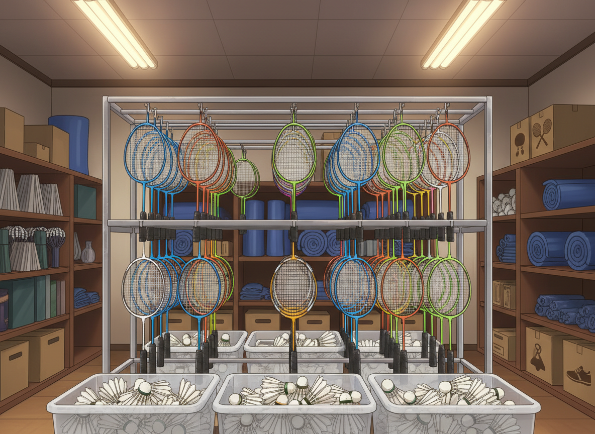 A cozy anime-style scene of the badminton club’s equipment storage room, with neatly organized gear showing the club’s daily life. Open metal racks hold rows of colorful rackets, each with distinct grip colors and frame designs, hanging in perfect alignment. Transparent plastic bins overflow with shuttlecocks at different stages of wear, from pristine to gently frayed. Folded nets, rolled-up floor mats, and labeled boxes (using simple icons instead of text) fill the background shelves. Warm fluorescent lighting creates a soft, even glow, with subtle shadows adding depth. Captured from an eye-level perspective with balanced composition, the image feels inviting, tidy, and slightly playful, conveying the behind-the-scenes organization that supports the active high school badminton club.