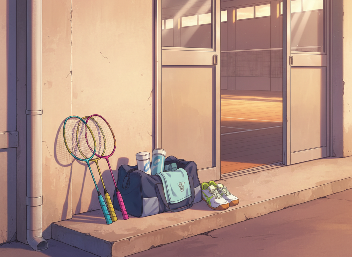 An anime-style illustration of an outdoor after-practice moment just outside the school gym, focusing on badminton gear laid out on a low concrete step. Rackets with colorful grips lean against a wall, while an open sports bag reveals neatly packed shuttlecock tubes, a folded towel, and a pair of indoor court shoes with non-marking soles. Behind them, the slightly ajar gym door shows a glimpse of the empty badminton court and net, bathed in fading golden-hour light. The exterior is lit by warm sunset tones mixing with cooler shadows, creating a nostalgic, youthfully playful mood. Framed from a slightly low angle and using the rule of thirds, the composition emphasizes the gear while hinting at the camaraderie and memories created in the club, without depicting any people.