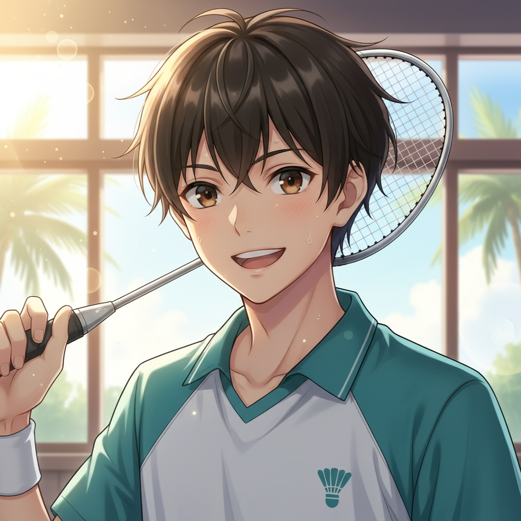 男子高校生の顔のクローズアップ。爽やかでスポーツ系、バドミントン部の雰囲気のあるアニメ調イラスト。明るい背景でフレッシュな印象。