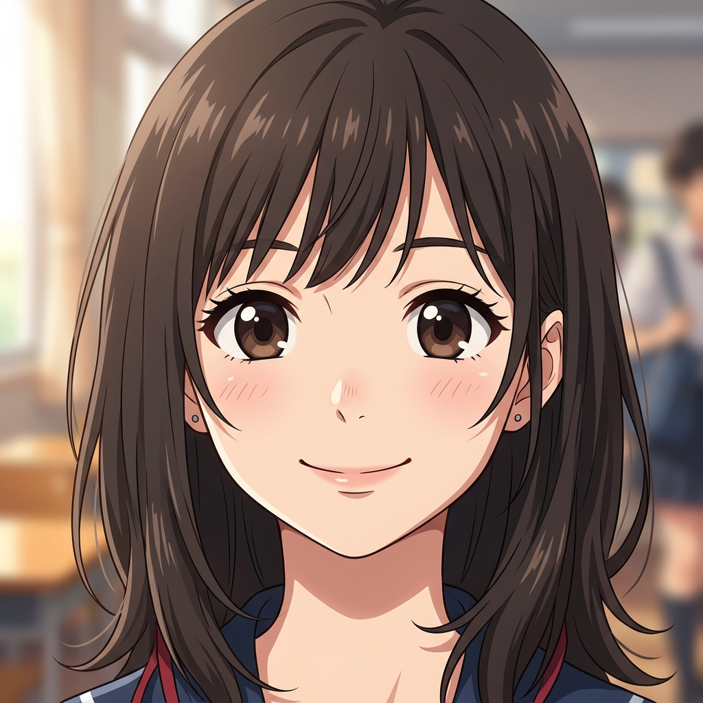 Anime girl with brown eyes and shoulder-length brown hair smiling warmly indoors