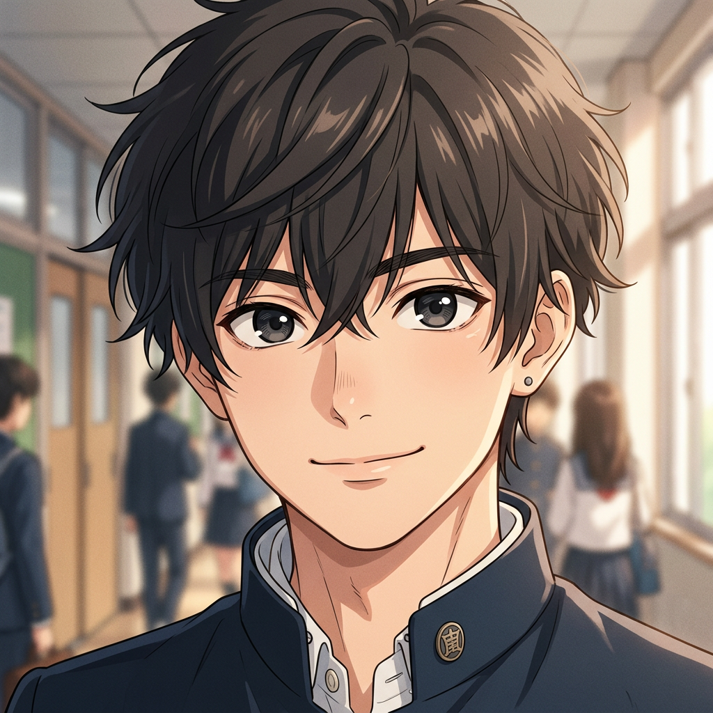 Teenage boy in school uniform smiling in a bright school hallway