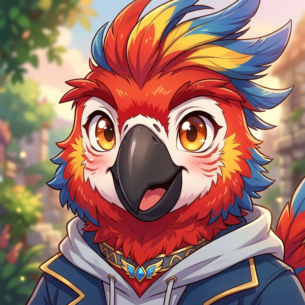 Animated colorful parrot character with bright feathers and expressive eyes in outdoor background